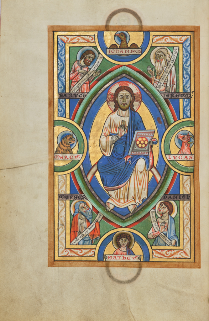 Christ in Majesty; Unknown; Hildesheim, Germany; probably 1170s; Tempera colors, gold leaf, silver leaf, and ink on parchment; Leaf: 28.2 x 18.9 cm (11 1/8 x 7 7/16 in.); Ms. 64, fol. 85v No description of this image is available.