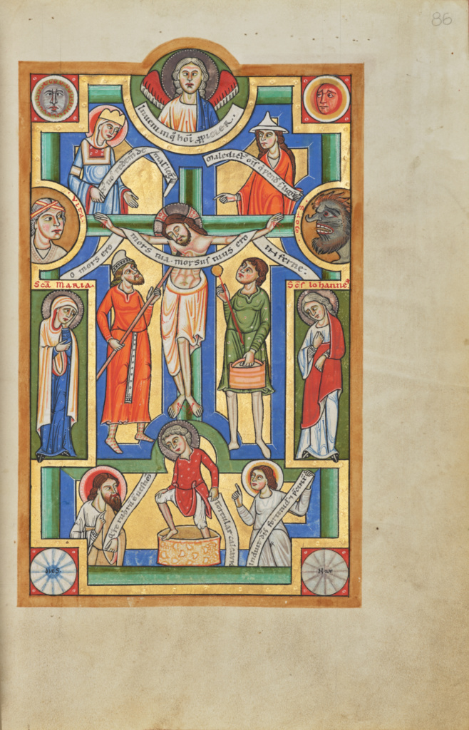 The Crucifixion; Unknown; Hildesheim, Germany; probably 1170s; Tempera colors, gold leaf, silver leaf, and ink on parchment; Leaf: 28.2 x 18.9 cm (11 1/8 x 7 7/16 in.); Ms. 64, fol. 86 No description of this image is available.