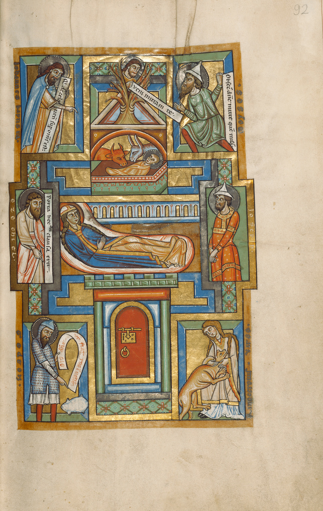 The Nativity; Unknown; Hildesheim, Germany; probably 1170s; Tempera colors, gold leaf, silver leaf, and ink on parchment; Leaf: 28.2 x 18.9 cm (11 1/8 x 7 7/16 in.); Ms. 64, fol. 92 No description of this image is available.