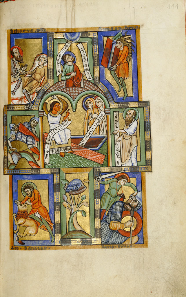 The Women at the Tomb; Unknown; Hildesheim, Germany; probably 1170s; Tempera colors, gold leaf, silver leaf, and ink on parchment; Ms. 64, fol. 111 No description of this image is available.