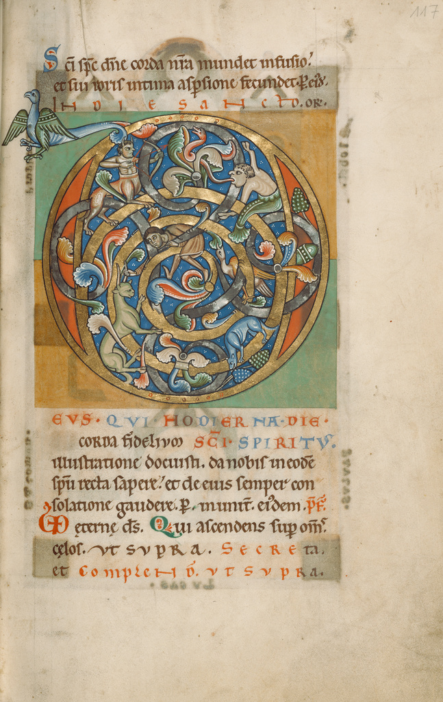Inhabited Initial D; Unknown; Hildesheim, Germany; probably 1170s; Tempera colors, gold leaf, silver leaf, and ink on parchment; Leaf: 28.2 x 18.9 cm (11 1/8 x 7 7/16 in.); Ms. 64, fol. 117 No description of this image is available.