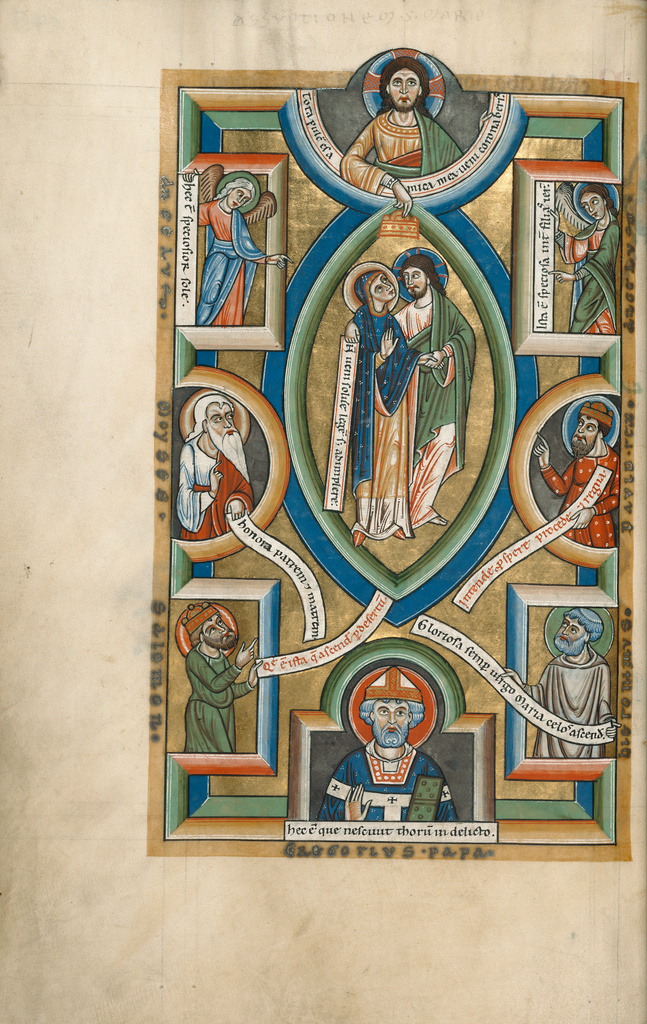 The Assumption of the Virgin; Unknown; Hildesheim, Germany; probably 1170s; Tempera colors, gold leaf, silver leaf, and ink on parchment; Leaf: 28.2 x 18.9 cm (11 1/8 x 7 7/16 in.); Ms. 64, fol. 145v No description of this image is available.