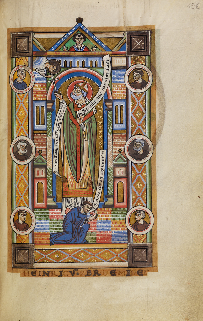 Saint Bernward of Hildesheim; Unknown; Hildesheim, Germany; probably 1170s; Tempera colors, gold leaf, silver leaf, and ink on parchment; Leaf: 28.2 x 18.9 cm (11 1/8 x 7 7/16 in.); Ms. 64, fol. 156 No description of this image is available.