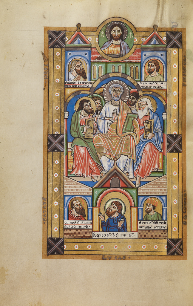Pentecost; Unknown; Hildesheim, Germany; probably 1170s; Tempera colors, gold leaf, silver leaf, and ink on parchment; Leaf: 28.2 x 18.9 cm (11 1/8 x 7 7/16 in.); Ms. 64, fol. 117v No description of this image is available.