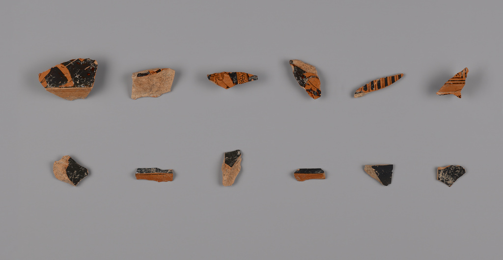 Group of Attic Red-Figure Volute Krater Fragments (12); Kleophrades Painter (Greek (Attic), active 505 - 475 B.C.); about 490 B.C.; Terracotta; 98.AE.82; Rights Statement: No Copyright - United States Group of Attic Red-Figure Volute Krater Fragments (12); Kleophrades Painter (Greek (Attic), active 505 - 475 B.C.); about 490 B.C.; Terracotta; 98.AE.82; Rights Statement: No Copyright - United States