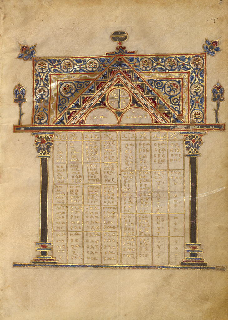 Canon Table Page; Unknown; late 13th century; Tempera colors, gold leaf, gold ink, and ink on parchment; Leaf: 21 × 14.9 cm (8 1/4 × 5 7/8 in.); Ms. 65 (98.MB.151), fol. 8; Rights Statement: No Copyright - United States Canon Table Page; Unknown; late 13th century; Tempera colors, gold leaf, gold ink, and ink on parchment; Leaf: 21 × 14.9 cm (8 1/4 × 5 7/8 in.); Ms. 65 (98.MB.151), fol. 8; Rights Statement: No Copyright - United States