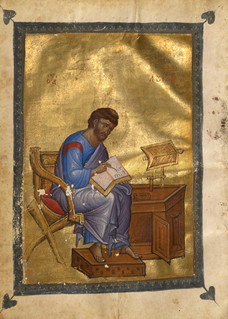 Saint Luke; Unknown; late 13th century; Tempera colors, gold leaf, gold ink, and ink on parchment; Leaf: 21 × 14.9 cm (8 1/4 × 5 7/8 in.); Ms. 65 (98.MB.151), fol. 159v; Rights Statement: No Copyright - United States Saint Luke; Unknown; late 13th century; Tempera colors, gold leaf, gold ink, and ink on parchment; Leaf: 21 × 14.9 cm (8 1/4 × 5 7/8 in.); Ms. 65 (98.MB.151), fol. 159v; Rights Statement: No Copyright - United States