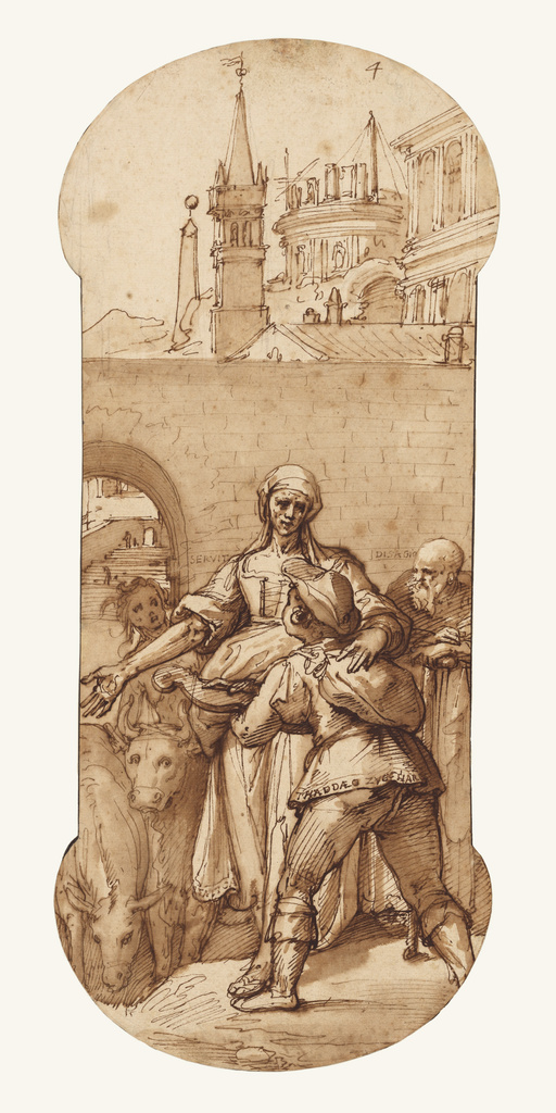 Taddeo at the Entrance to Rome Greeted by Toil, Servitude, and Hardship, and by Obedience and Patience (the Ass and Ox); Federico Zuccaro (Italian, about 1541 - 1609); about 1595; Pen and brown ink, brush with brown wash, over black chalk; 40.9 x 17.4 cm (16 1/8 x 6 7/8 in.); 99.GA.6.4 No description of this image is available.