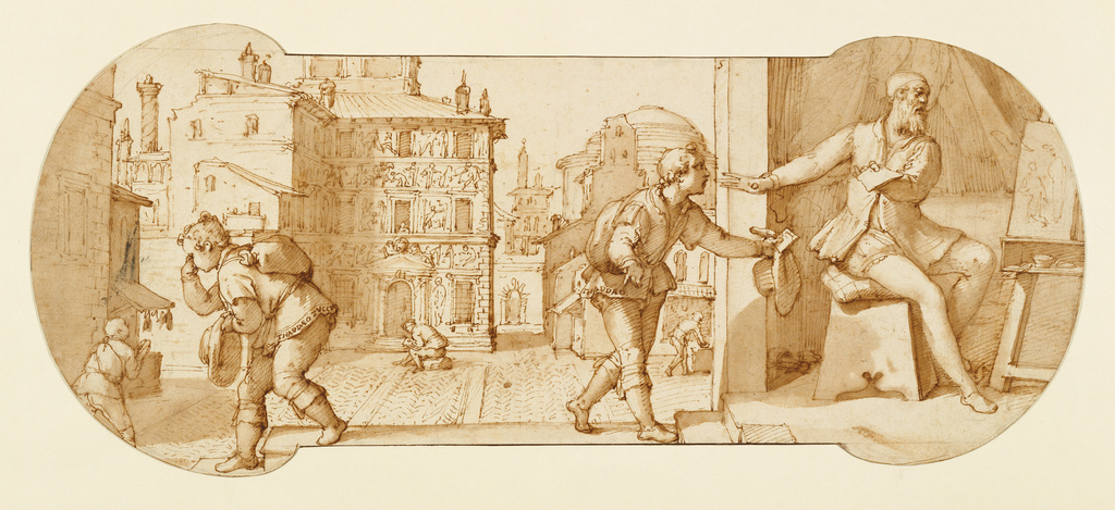 Taddeo Rebuffed by Francesco Il Sant'Angelo; Federico Zuccaro (Italian, about 1541 - 1609); about 1595; Pen and brown ink, brush with brown wash, over black chalk; 17.9 × 41.5 cm (7 1/16 × 16 5/16 in.); 99.GA.6.5 No description of this image is available.