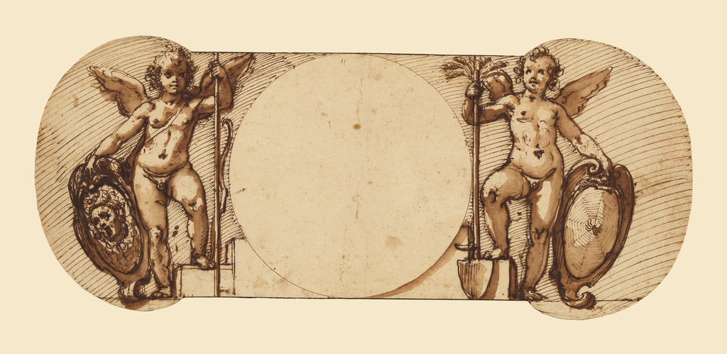 Two Child Angels, Symbolizing Patience and Industry; Federico Zuccaro (Italian, about 1541 - 1609); about 1595; Pen and brown ink, brush with brown wash, over black chalk; 17.5 × 41.8 cm (6 7/8 × 16 7/16 in.); 99.GA.6.11; Rights Statement: No Copyright - United States Two Child Angels, Symbolizing Patience and Industry; Federico Zuccaro (Italian, about 1541 - 1609); about 1595; Pen and brown ink, brush with brown wash, over black chalk; 17.5 × 41.8 cm (6 7/8 × 16 7/16 in.); 99.GA.6.11; Rights Statement: No Copyright - United States