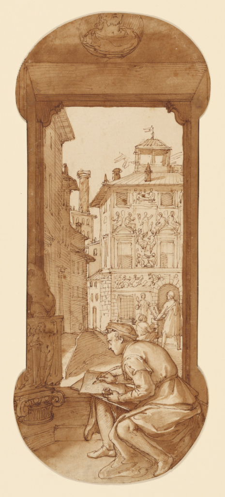 Taddeo Drawing after the Antique; In the Background Copying a Facade by Polidoro; Federico Zuccaro (Italian, about 1541 - 1609); 1595; Pen and brown ink, brush with brown wash over black chalk and touches of red chalk; 42.3 × 17.5 cm (16 5/8 × 6 7/8 in.); 99.GA.6.12 No description of this image is available.