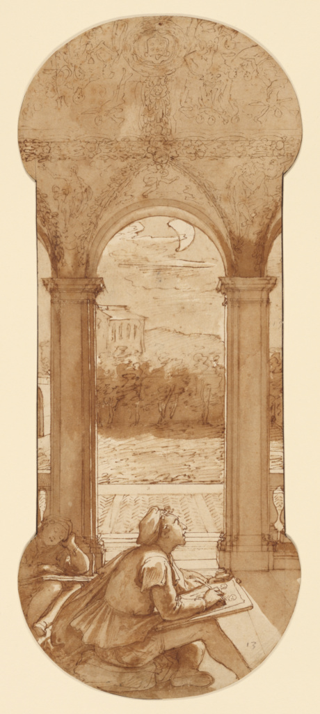 Taddeo Copying Raphael's Frescoes in the Loggia of the Villa Farnesina, Where He is Also Represented Asleep; Federico Zuccaro (Italian, about 1541 - 1609); about 1595; Pen and brown ink, brush with brown wash, over black chalk and touches of red chalk; 42.4 × 17.5 cm (16 11/16 × 6 7/8 in.); 99.GA.6.13 No description of this image is available.