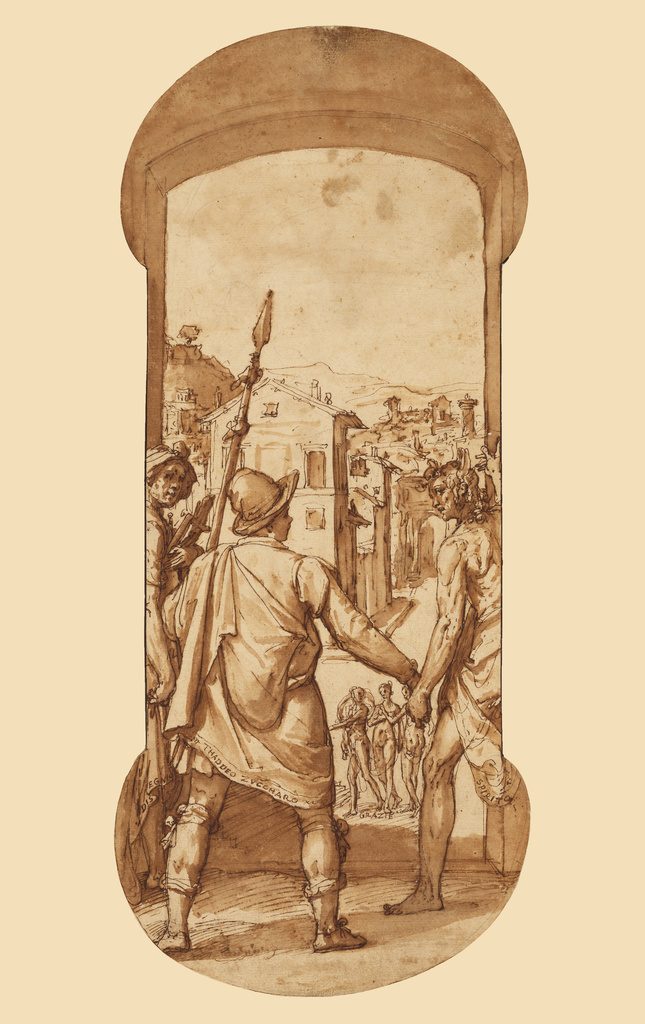 Taddeo Returns to Rome Escorted by Drawing and Spirit toward the Three Graces; Federico Zuccaro (Italian, about 1541 - 1609); about 1595; Pen and brown ink, brush with brown wash, over black chalk and touches of red chalk; 42.6 × 18 cm (16 3/4 × 7 1/16 in.); 99.GA.6.16; Rights Statement: No Copyright - United States Taddeo Returns to Rome Escorted by Drawing and Spirit toward the Three Graces; Federico Zuccaro (Italian, about 1541 - 1609); about 1595; Pen and brown ink, brush with brown wash, over black chalk and touches of red chalk; 42.6 × 18 cm (16 3/4 × 7 1/16 in.); 99.GA.6.16; Rights Statement: No Copyright - United States