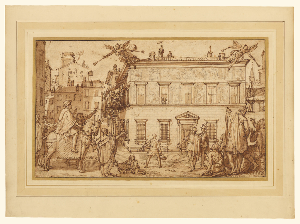 Taddeo Decorating the Façade of the Palazzo Mattei; Federico Zuccaro (Italian, about 1541 - 1609); about 1595; Pen and brown ink, brush with brown wash, over black chalk and touches of red chalk; 25 × 42.2 cm (9 13/16 × 16 5/8 in.); 99.GA.6.19; Rights Statement: No Copyright - United States Taddeo Decorating the Façade of the Palazzo Mattei; Federico Zuccaro (Italian, about 1541 - 1609); about 1595; Pen and brown ink, brush with brown wash, over black chalk and touches of red chalk; 25 × 42.2 cm (9 13/16 × 16 5/8 in.); 99.GA.6.19; Rights Statement: No Copyright - United States