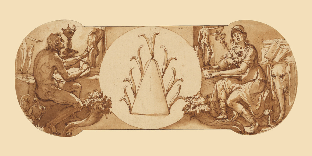 Allegories of Study and Intelligence Flanking the Zuccaro Emblem; Federico Zuccaro (Italian, about 1541 - 1609); about 1595; Pen and brown ink, brush with brown wash, over black chalk and touches of red chalk; 17.6 × 42.5 cm (6 15/16 × 16 3/4 in.); 99.GA.6.20; Rights Statement: No Copyright - United States Allegories of Study and Intelligence Flanking the Zuccaro Emblem; Federico Zuccaro (Italian, about 1541 - 1609); about 1595; Pen and brown ink, brush with brown wash, over black chalk and touches of red chalk; 17.6 × 42.5 cm (6 15/16 × 16 3/4 in.); 99.GA.6.20; Rights Statement: No Copyright - United States