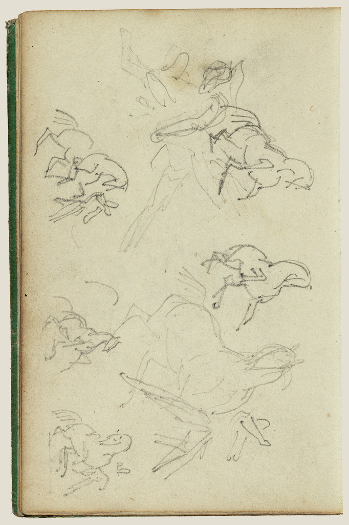 Six studies for man beside a rearing horse; Théodore Géricault (French, 1791 - 1824); 1812 - 1814; Graphite; 15.2 × 10.6 cm (6 × 4 3/16 in.); 95.GD.40.15; Rights Statement: No Copyright - United States Six studies for man beside a rearing horse; Théodore Géricault (French, 1791 - 1824); 1812 - 1814; Graphite; 15.2 × 10.6 cm (6 × 4 3/16 in.); 95.GD.40.15; Rights Statement: No Copyright - United States