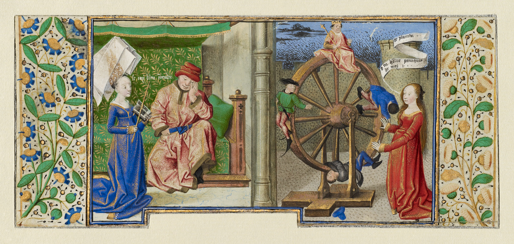 Miniatures from Boethius, Consolation de philosophie; Coëtivy Master (Henri de Vulcop?) (French, active about 1450 - 1485), Anicius Manlius Severinus Boëthius (called Boethius) (Italian, about 480 - 524/526), Jean de Meun (French, about 1240/1260 - 1305); Paris, France, Europe; about 1460 - 1470; Tempera colors, gold leaf, gold paint, and ink on parchment; Ms. 42 No description of this image is available.