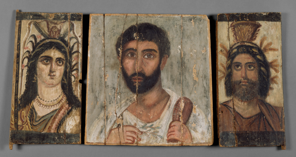 Images of Isis and Serapis framing the portrait of a bearded adherent, Romano-Egyptian, 100-22 CE (Getty Museum)