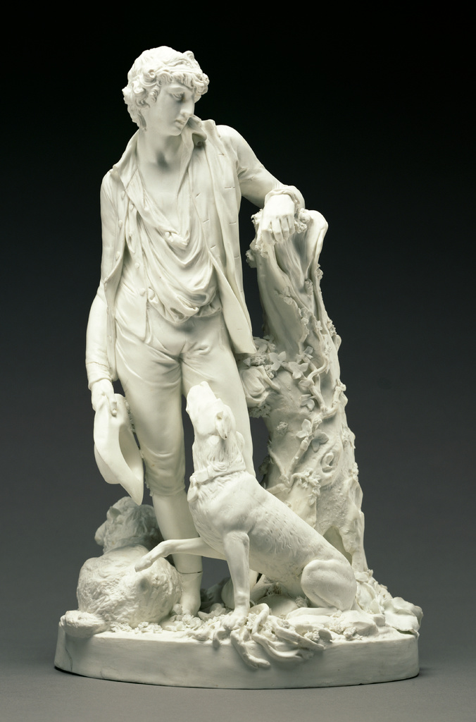 Shepherd with his Dog; Johann Jakob Wilhelm Spängler (Swiss, 1755 - after 1795), working for the Derby Porcelain Factory (British, active 1750 - 1848); about 1795; Biscuit Porcelain; 31.8 cm (12 1/2 in.); 99.DE.45 No description of this image is available.