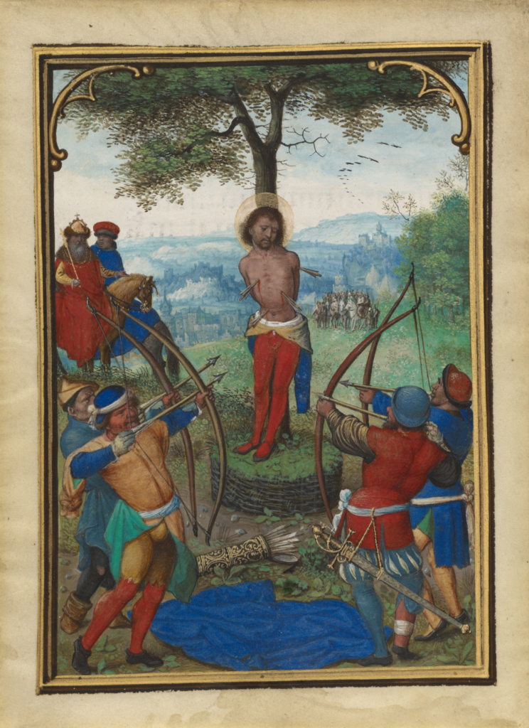 The Martyrdom of Saint Sebastian; Simon Bening (Flemish, about 1483 - 1561); Bruges, Belgium; about 1535 - 1540; Tempera colors, gold paint, and ink on parchment; Leaf: 13.7 x 10 cm (5 3/8 x 3 15/16 in.); Ms. 3, leaf 2v No description of this image is available.
