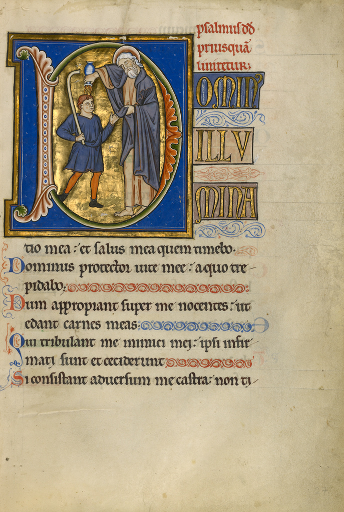 Initial D: Samuel Anointing David; Master of the Ingeborg Psalter (French, active about 1195 - about 1210); Noyon (probably), France; after 1205; Tempera colors and gold leaf on parchment; Leaf: 31 x 21.9 cm (12 3/16 x 8 5/8 in.); Ms. 66, fol. 27 No description of this image is available.