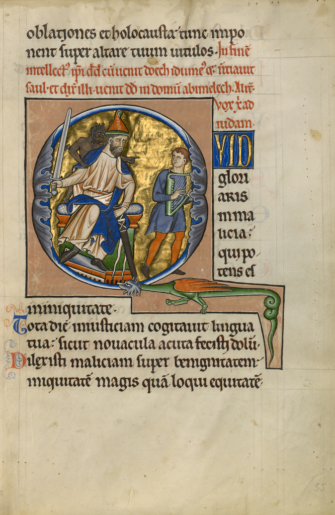 Initial Q: David Before Saul; Master of the Ingeborg Psalter (French, active about 1195 - about 1210); Noyon (probably), France, Europe; after 1205; Tempera colors and gold leaf on parchment; Leaf: 31 × 21.9 cm (12 3/16 × 8 5/8 in.); Ms. 66, fol. 55 No description of this image is available.