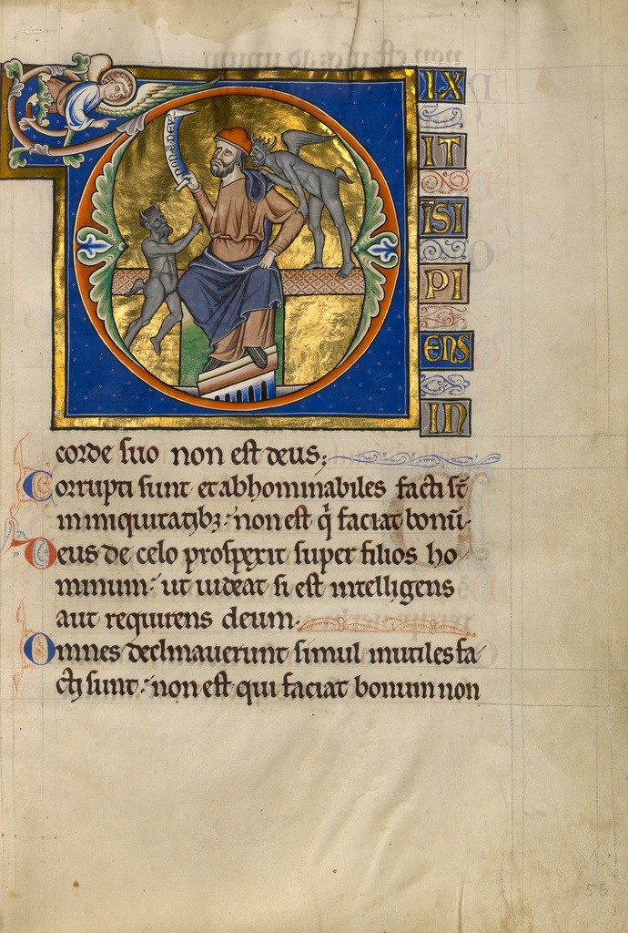 Initial D: The Fool with Two Demons; Master of the Ingeborg Psalter (French, active about 1195 - about 1210); Noyon (probably), France; after 1205; Tempera colors and gold leaf on parchment; Leaf: 31 x 21.9 cm (12 3/16 x 8 5/8 in.); Ms. 66, fol. 56 No description of this image is available.