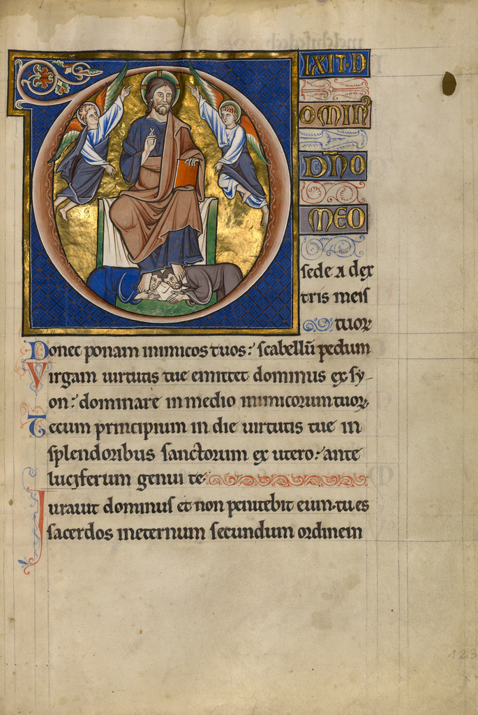 Initial D: Christ Enthroned; Master of the Ingeborg Psalter (French, active about 1195 - about 1210); after 1205; Tempera colors and gold leaf on parchment; Leaf: 31 × 21.9 cm (12 3/16 × 8 5/8 in.); Ms. 66 (99.MK.48), fol. 123; Rights Statement: No Copyright - United States Initial D: Christ Enthroned; Master of the Ingeborg Psalter (French, active about 1195 - about 1210); after 1205; Tempera colors and gold leaf on parchment; Leaf: 31 × 21.9 cm (12 3/16 × 8 5/8 in.); Ms. 66 (99.MK.48), fol. 123; Rights Statement: No Copyright - United States