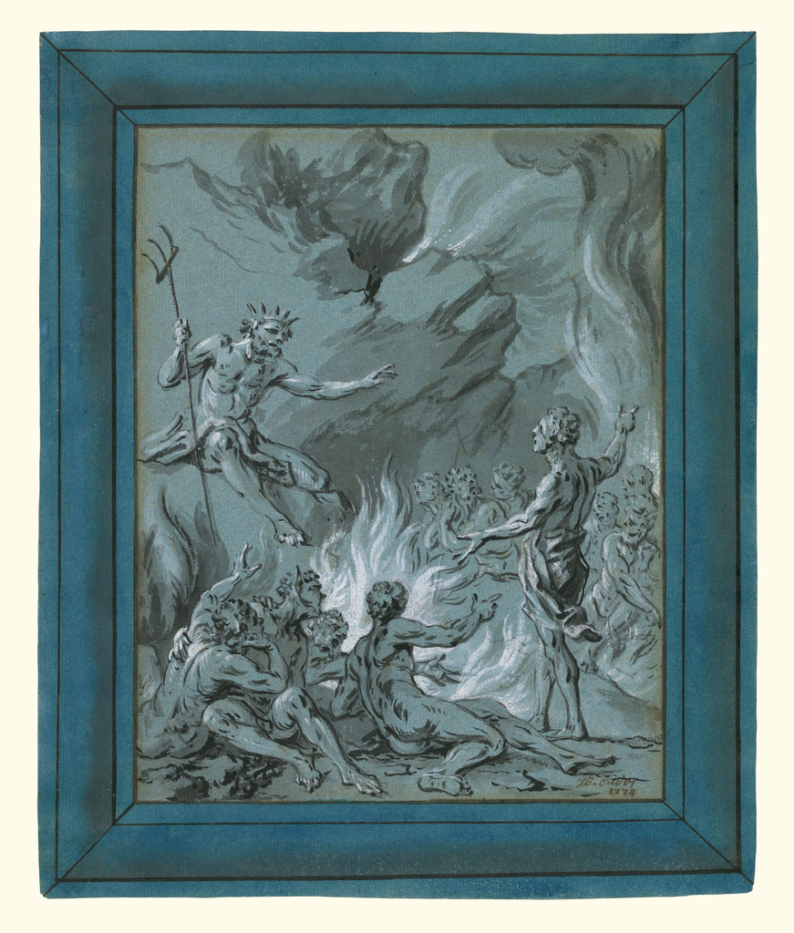 Belphagore; Jean-Baptiste Oudry (French, 1686 - 1755); 1734; Brush and black ink, gray wash, heightened with white gouache, on blue paper; 31.1 × 26 cm (12 1/4 × 10 1/4 in.); 2002.52.4 No description of this image is available.
