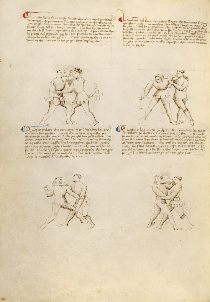 Unarmed Combat; Fiore Furlan dei Liberi da Premariacco (Italian, about 1340/1350 - before 1450); about 1410; Tempera colors, gold leaf, silver leaf, and ink on parchment; Leaf: 27.9 × 20.6 cm (11 × 8 1/8 in.); Ms. Ludwig XV 13 (83.MR.183), fol. 6v; Rights Statement: No Copyright - United States Unarmed Combat; Fiore Furlan dei Liberi da Premariacco (Italian, about 1340/1350 - before 1450); about 1410; Tempera colors, gold leaf, silver leaf, and ink on parchment; Leaf: 27.9 × 20.6 cm (11 × 8 1/8 in.); Ms. Ludwig XV 13 (83.MR.183), fol. 6v; Rights Statement: No Copyright - United States