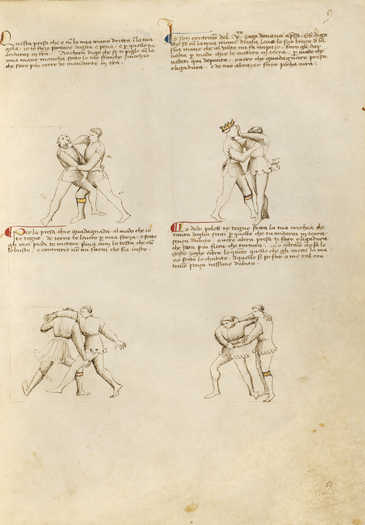 Unarmed Combat; Fiore Furlan dei Liberi da Premariacco (Italian, about 1340/1350 - before 1450); about 1410; Tempera colors, gold leaf, silver leaf, and ink on parchment; Leaf: 27.9 × 20.6 cm (11 × 8 1/8 in.); Ms. Ludwig XV 13 (83.MR.183), fol. 7; Rights Statement: No Copyright - United States Unarmed Combat; Fiore Furlan dei Liberi da Premariacco (Italian, about 1340/1350 - before 1450); about 1410; Tempera colors, gold leaf, silver leaf, and ink on parchment; Leaf: 27.9 × 20.6 cm (11 × 8 1/8 in.); Ms. Ludwig XV 13 (83.MR.183), fol. 7; Rights Statement: No Copyright - United States