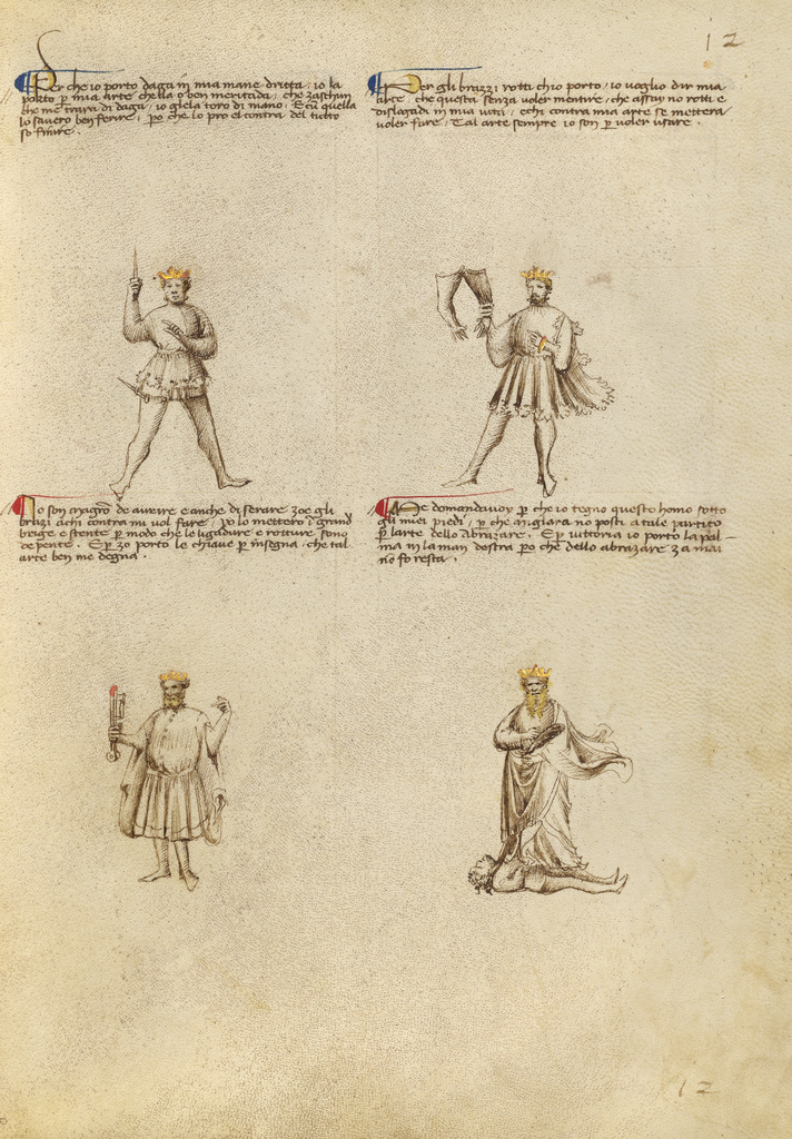 Four Allegorical Figures; Fiore Furlan dei Liberi da Premariacco (Italian, about 1340/1350 - before 1450); about 1410; Tempera colors, gold leaf, silver leaf, and ink on parchment; Leaf: 27.9 × 20.6 cm (11 × 8 1/8 in.); Ms. Ludwig XV 13 (83.MR.183), fol. 10; Rights Statement: No Copyright - United States Four Allegorical Figures; Fiore Furlan dei Liberi da Premariacco (Italian, about 1340/1350 - before 1450); about 1410; Tempera colors, gold leaf, silver leaf, and ink on parchment; Leaf: 27.9 × 20.6 cm (11 × 8 1/8 in.); Ms. Ludwig XV 13 (83.MR.183), fol. 10; Rights Statement: No Copyright - United States