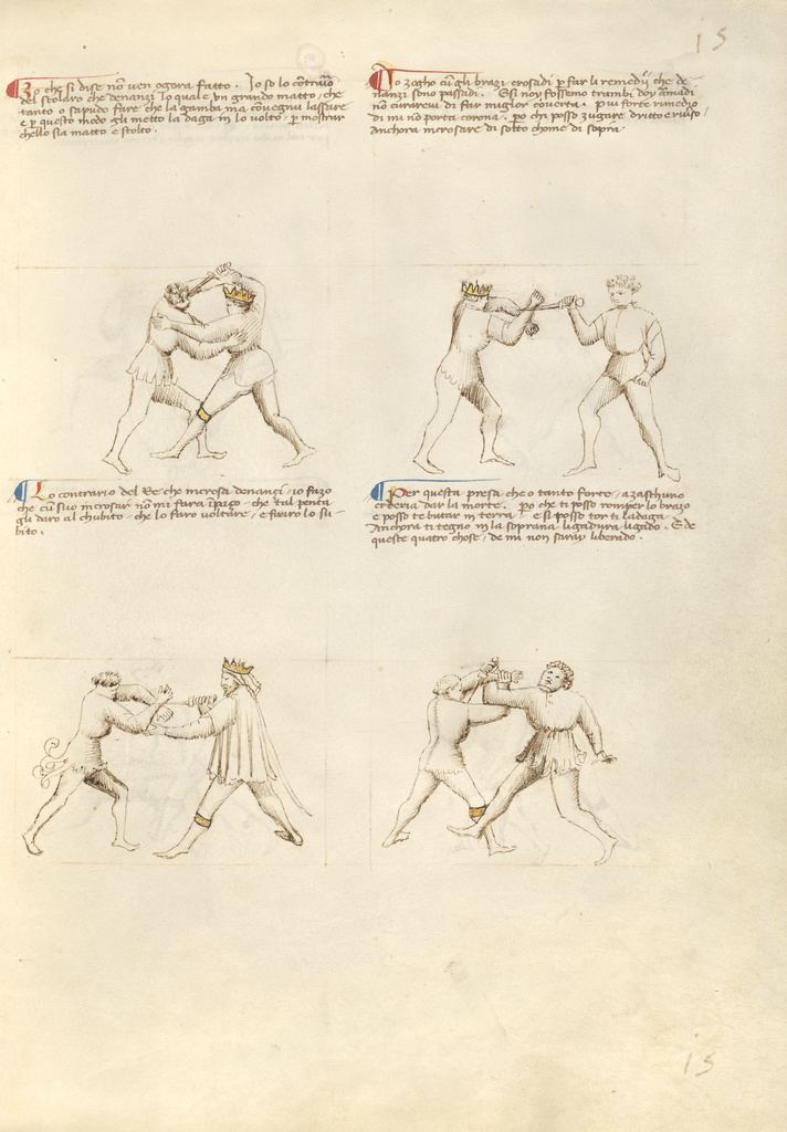 Combat with Dagger; Fiore Furlan dei Liberi da Premariacco (Italian, about 1340/1350 - before 1450); about 1410; Tempera colors, gold leaf, silver leaf, and ink on parchment; Leaf: 27.9 × 20.6 cm (11 × 8 1/8 in.); Ms. Ludwig XV 13 (83.MR.183), fol. 13; Rights Statement: No Copyright - United States Combat with Dagger; Fiore Furlan dei Liberi da Premariacco (Italian, about 1340/1350 - before 1450); about 1410; Tempera colors, gold leaf, silver leaf, and ink on parchment; Leaf: 27.9 × 20.6 cm (11 × 8 1/8 in.); Ms. Ludwig XV 13 (83.MR.183), fol. 13; Rights Statement: No Copyright - United States