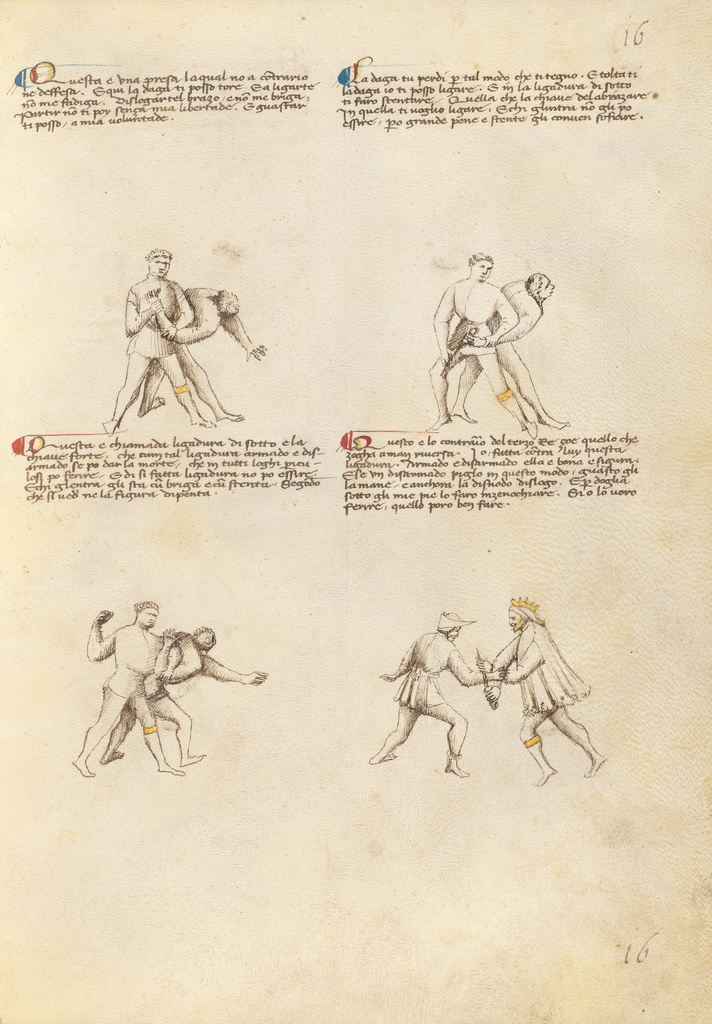 Combat with Dagger; Unknown, Fiore Furlan dei Liberi da Premariacco (Italian, about 1340/1350 - before 1450); about 1410; Tempera colors, gold leaf, silver leaf, and ink on parchment; Leaf: 27.9 × 20.6 cm (11 × 8 1/8 in.); Ms. Ludwig XV 13 (83.MR.183), fol. 14; Rights Statement: No Copyright - United States Combat with Dagger; Unknown, Fiore Furlan dei Liberi da Premariacco (Italian, about 1340/1350 - before 1450); about 1410; Tempera colors, gold leaf, silver leaf, and ink on parchment; Leaf: 27.9 × 20.6 cm (11 × 8 1/8 in.); Ms. Ludwig XV 13 (83.MR.183), fol. 14; Rights Statement: No Copyright - United States