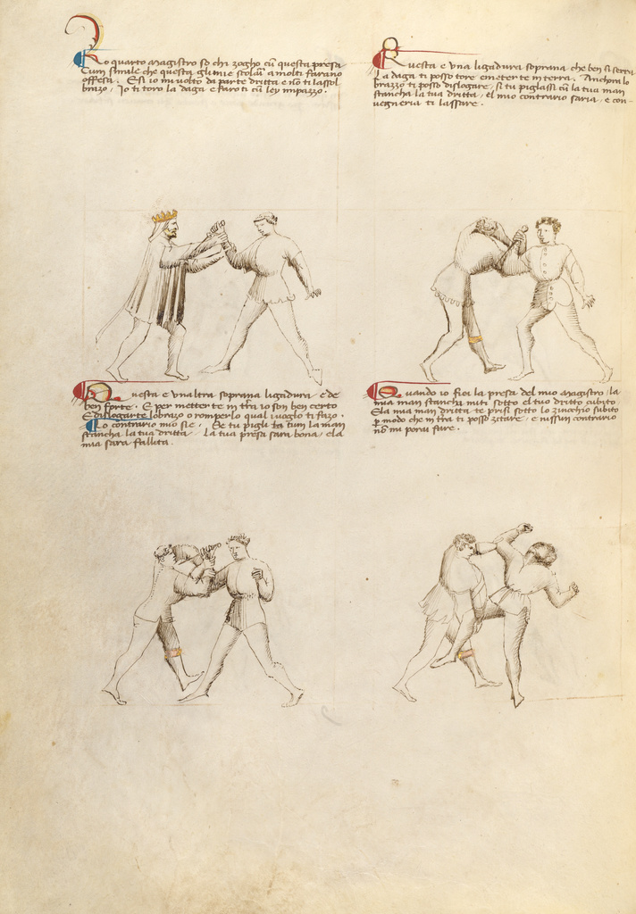 Combat with Dagger; Fiore Furlan dei Liberi da Premariacco (Italian, about 1340/1350 - before 1450); about 1410; Tempera colors, gold leaf, silver leaf, and ink on parchment; Leaf: 27.9 × 20.6 cm (11 × 8 1/8 in.); Ms. Ludwig XV 13 (83.MR.183), fol. 14v; Rights Statement: No Copyright - United States Combat with Dagger; Fiore Furlan dei Liberi da Premariacco (Italian, about 1340/1350 - before 1450); about 1410; Tempera colors, gold leaf, silver leaf, and ink on parchment; Leaf: 27.9 × 20.6 cm (11 × 8 1/8 in.); Ms. Ludwig XV 13 (83.MR.183), fol. 14v; Rights Statement: No Copyright - United States