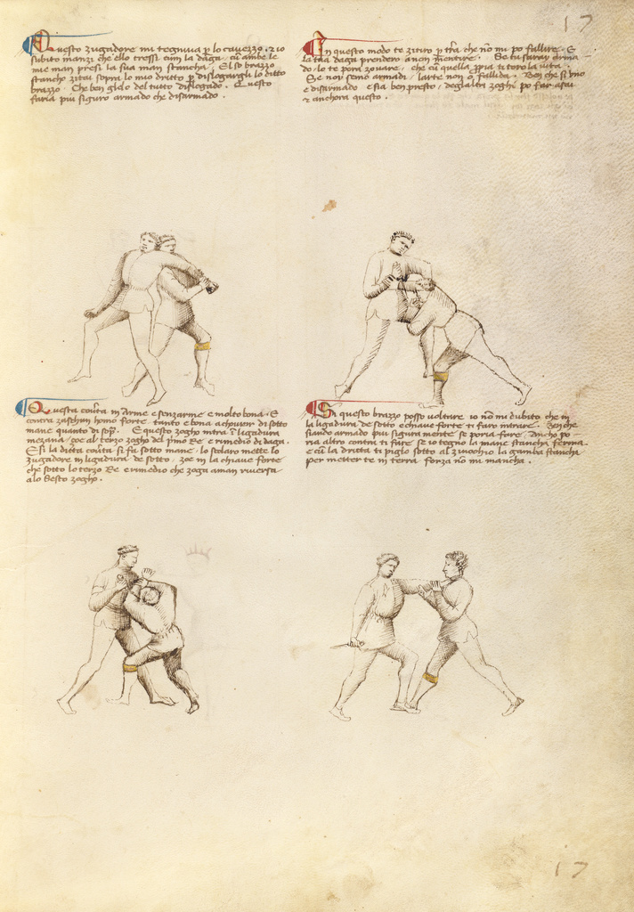 Combat with Dagger; Fiore Furlan dei Liberi da Premariacco (Italian, about 1340/1350 - before 1450); about 1410; Tempera colors, gold leaf, silver leaf, and ink on parchment; Leaf: 27.9 × 20.6 cm (11 × 8 1/8 in.); Ms. Ludwig XV 13 (83.MR.183), fol. 15; Rights Statement: No Copyright - United States Combat with Dagger; Fiore Furlan dei Liberi da Premariacco (Italian, about 1340/1350 - before 1450); about 1410; Tempera colors, gold leaf, silver leaf, and ink on parchment; Leaf: 27.9 × 20.6 cm (11 × 8 1/8 in.); Ms. Ludwig XV 13 (83.MR.183), fol. 15; Rights Statement: No Copyright - United States