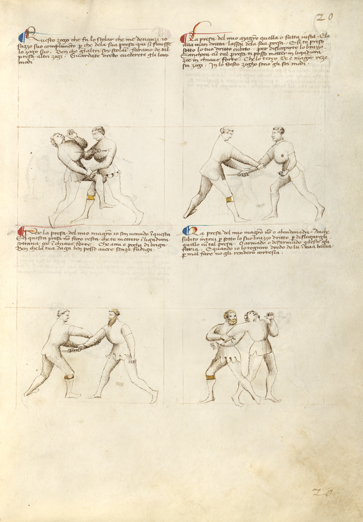 Combat with Dagger; Fiore Furlan dei Liberi da Premariacco (Italian, about 1340/1350 - before 1450); about 1410; Tempera colors, gold leaf, silver leaf, and ink on parchment; Leaf: 27.9 × 20.6 cm (11 × 8 1/8 in.); Ms. Ludwig XV 13 (83.MR.183), fol. 18; Rights Statement: No Copyright - United States Combat with Dagger; Fiore Furlan dei Liberi da Premariacco (Italian, about 1340/1350 - before 1450); about 1410; Tempera colors, gold leaf, silver leaf, and ink on parchment; Leaf: 27.9 × 20.6 cm (11 × 8 1/8 in.); Ms. Ludwig XV 13 (83.MR.183), fol. 18; Rights Statement: No Copyright - United States