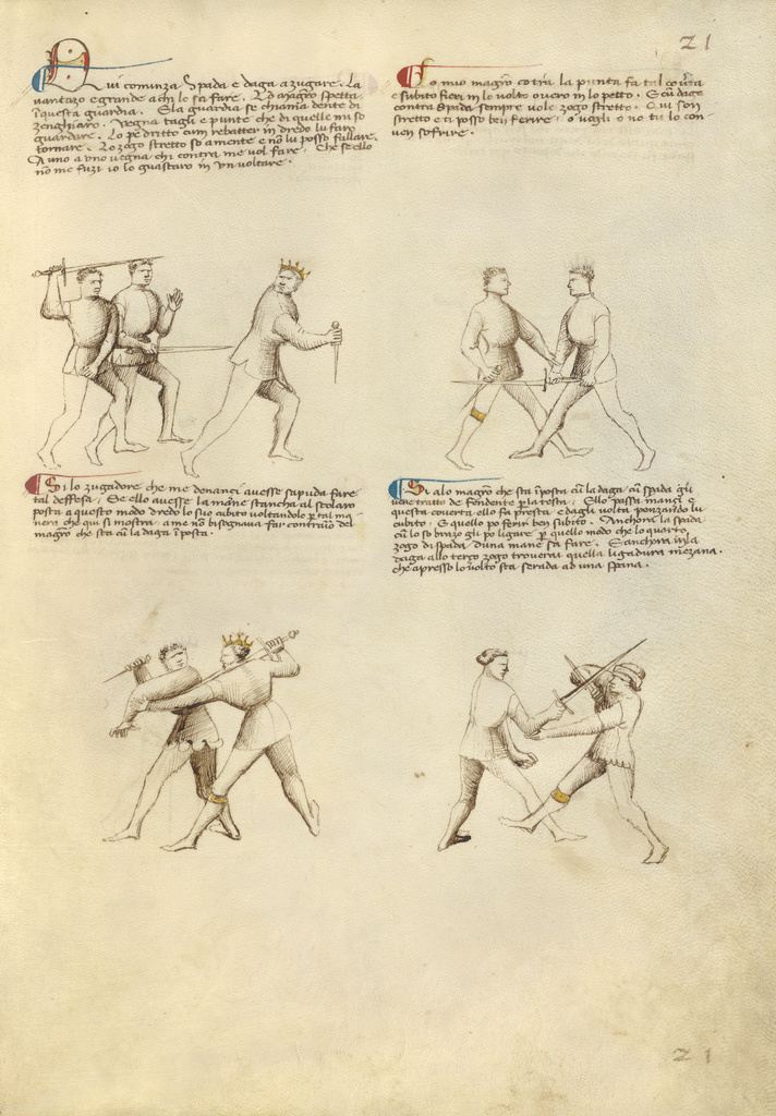Combat with Dagger and Sword; Fiore Furlan dei Liberi da Premariacco (Italian, about 1340/1350 - before 1450); about 1410; Tempera colors, gold leaf, silver leaf, and ink on parchment; Leaf: 27.9 × 20.6 cm (11 × 8 1/8 in.); Ms. Ludwig XV 13 (83.MR.183), fol. 19; Rights Statement: No Copyright - United States Combat with Dagger and Sword; Fiore Furlan dei Liberi da Premariacco (Italian, about 1340/1350 - before 1450); about 1410; Tempera colors, gold leaf, silver leaf, and ink on parchment; Leaf: 27.9 × 20.6 cm (11 × 8 1/8 in.); Ms. Ludwig XV 13 (83.MR.183), fol. 19; Rights Statement: No Copyright - United States
