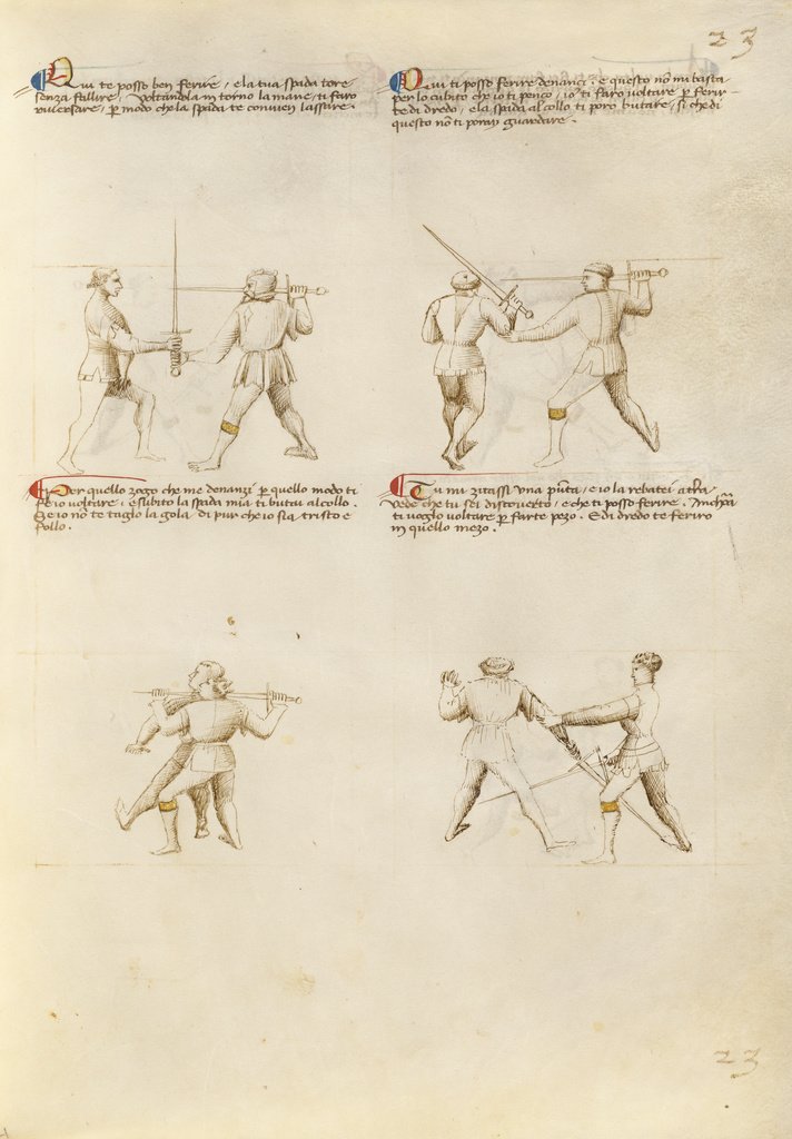 Combat with Sword; Unknown, Fiore Furlan dei Liberi da Premariacco (Italian, about 1340/1350 - before 1450); Venice, Italy; about 1410; Tempera colors, gold leaf, silver leaf, and ink on parchment; Leaf: 27.9 x 20.6 cm (11 x 8 1/8 in.); Ms. Ludwig XV 13, fol. 21 No description of this image is available.