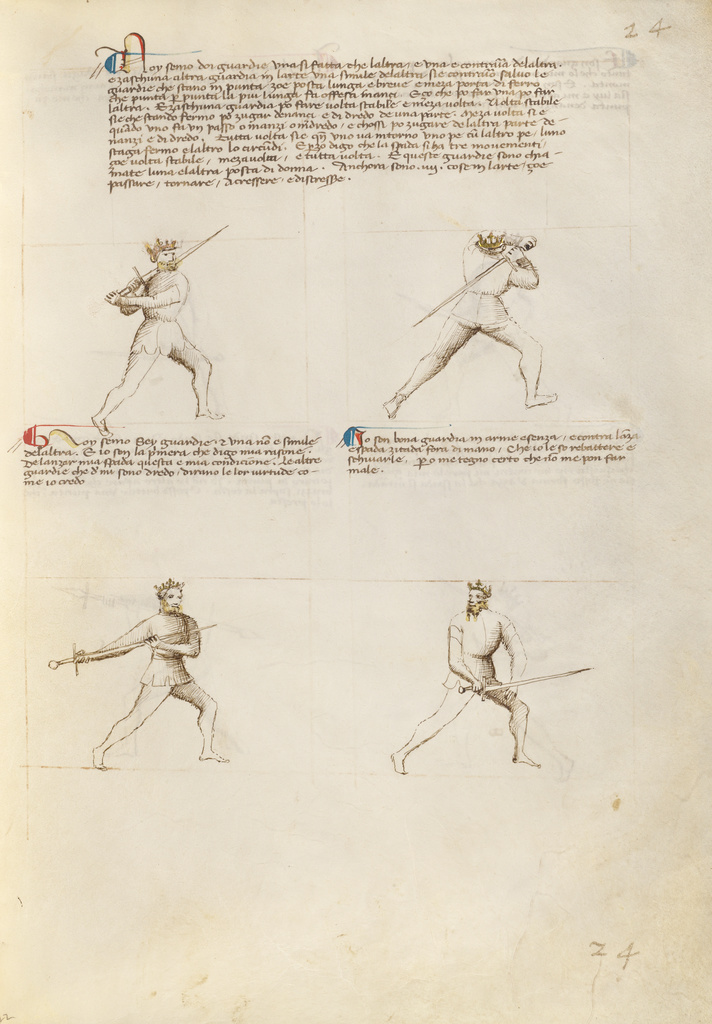 Four Figures with Swords; Fiore Furlan dei Liberi da Premariacco (Italian, about 1340/1350 - before 1450); about 1410; Tempera colors, gold leaf, silver leaf, and ink on parchment; Leaf: 27.9 × 20.6 cm (11 × 8 1/8 in.); Ms. Ludwig XV 13 (83.MR.183), fol. 22; Rights Statement: No Copyright - United States Four Figures with Swords; Fiore Furlan dei Liberi da Premariacco (Italian, about 1340/1350 - before 1450); about 1410; Tempera colors, gold leaf, silver leaf, and ink on parchment; Leaf: 27.9 × 20.6 cm (11 × 8 1/8 in.); Ms. Ludwig XV 13 (83.MR.183), fol. 22; Rights Statement: No Copyright - United States