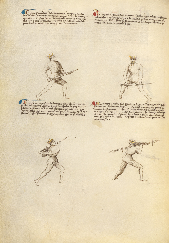 Combat with Sword; Fiore Furlan dei Liberi da Premariacco (Italian, about 1340/1350 - before 1450); about 1410; Tempera colors, gold leaf, silver leaf, and ink on parchment; Leaf: 27.9 × 20.6 cm (11 × 8 1/8 in.); Ms. Ludwig XV 13 (83.MR.183), fol. 22v; Rights Statement: No Copyright - United States Combat with Sword; Fiore Furlan dei Liberi da Premariacco (Italian, about 1340/1350 - before 1450); about 1410; Tempera colors, gold leaf, silver leaf, and ink on parchment; Leaf: 27.9 × 20.6 cm (11 × 8 1/8 in.); Ms. Ludwig XV 13 (83.MR.183), fol. 22v; Rights Statement: No Copyright - United States
