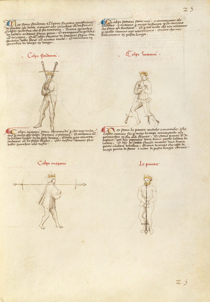 Combat with Sword; Fiore Furlan dei Liberi da Premariacco (Italian, about 1340/1350 - before 1450); about 1410; Tempera colors, gold leaf, silver leaf, and ink on parchment; Leaf: 27.9 × 20.6 cm (11 × 8 1/8 in.); Ms. Ludwig XV 13 (83.MR.183), fol. 23; Rights Statement: No Copyright - United States Combat with Sword; Fiore Furlan dei Liberi da Premariacco (Italian, about 1340/1350 - before 1450); about 1410; Tempera colors, gold leaf, silver leaf, and ink on parchment; Leaf: 27.9 × 20.6 cm (11 × 8 1/8 in.); Ms. Ludwig XV 13 (83.MR.183), fol. 23; Rights Statement: No Copyright - United States