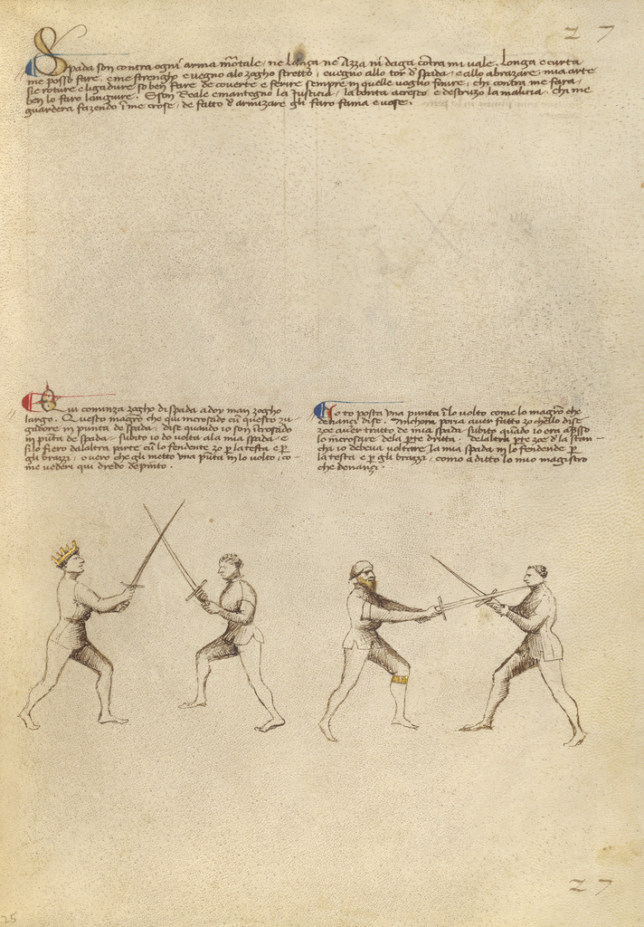 Combat with Sword; Fiore Furlan dei Liberi da Premariacco (Italian, about 1340/1350 - before 1450); about 1410; Tempera colors, gold leaf, silver leaf, and ink on parchment; Leaf: 27.9 × 20.6 cm (11 × 8 1/8 in.); Ms. Ludwig XV 13 (83.MR.183), fol. 25; Rights Statement: No Copyright - United States Combat with Sword; Fiore Furlan dei Liberi da Premariacco (Italian, about 1340/1350 - before 1450); about 1410; Tempera colors, gold leaf, silver leaf, and ink on parchment; Leaf: 27.9 × 20.6 cm (11 × 8 1/8 in.); Ms. Ludwig XV 13 (83.MR.183), fol. 25; Rights Statement: No Copyright - United States