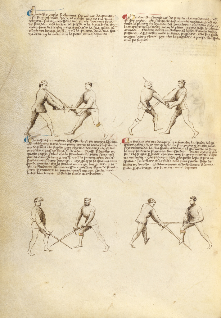 Combat with Sword; Fiore Furlan dei Liberi da Premariacco (Italian, about 1340/1350 - before 1450); about 1410; Tempera colors, gold leaf, silver leaf, and ink on parchment; Leaf: 27.9 × 20.6 cm (11 × 8 1/8 in.); Ms. Ludwig XV 13 (83.MR.183), fol. 26v; Rights Statement: No Copyright - United States Combat with Sword; Fiore Furlan dei Liberi da Premariacco (Italian, about 1340/1350 - before 1450); about 1410; Tempera colors, gold leaf, silver leaf, and ink on parchment; Leaf: 27.9 × 20.6 cm (11 × 8 1/8 in.); Ms. Ludwig XV 13 (83.MR.183), fol. 26v; Rights Statement: No Copyright - United States
