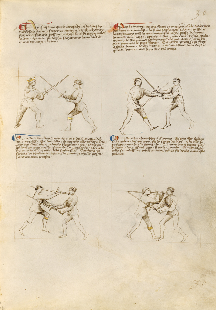 Combat with Sword; Fiore Furlan dei Liberi da Premariacco (Italian, about 1340/1350 - before 1450); about 1410; Tempera colors, gold leaf, silver leaf, and ink on parchment; Leaf: 27.9 × 20.6 cm (11 × 8 1/8 in.); Ms. Ludwig XV 13 (83.MR.183), fol. 28; Rights Statement: No Copyright - United States Combat with Sword; Fiore Furlan dei Liberi da Premariacco (Italian, about 1340/1350 - before 1450); about 1410; Tempera colors, gold leaf, silver leaf, and ink on parchment; Leaf: 27.9 × 20.6 cm (11 × 8 1/8 in.); Ms. Ludwig XV 13 (83.MR.183), fol. 28; Rights Statement: No Copyright - United States
