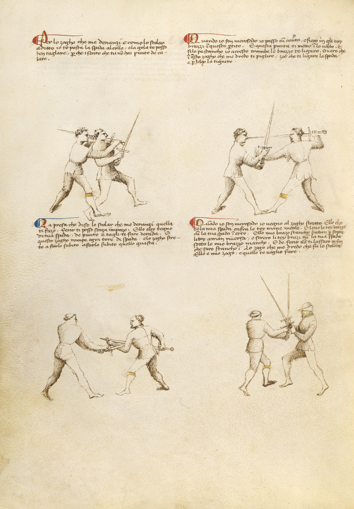 Combat with Sword; Fiore Furlan dei Liberi da Premariacco (Italian, about 1340/1350 - before 1450); about 1410; Tempera colors, gold leaf, silver leaf, and ink on parchment; Leaf: 27.9 × 20.6 cm (11 × 8 1/8 in.); Ms. Ludwig XV 13 (83.MR.183), fol. 28v; Rights Statement: No Copyright - United States Combat with Sword; Fiore Furlan dei Liberi da Premariacco (Italian, about 1340/1350 - before 1450); about 1410; Tempera colors, gold leaf, silver leaf, and ink on parchment; Leaf: 27.9 × 20.6 cm (11 × 8 1/8 in.); Ms. Ludwig XV 13 (83.MR.183), fol. 28v; Rights Statement: No Copyright - United States