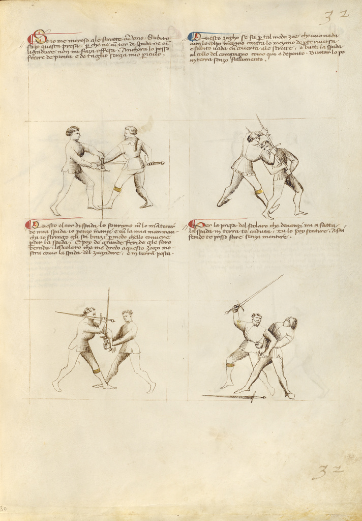 Combat with Sword; Fiore Furlan dei Liberi da Premariacco (Italian, about 1340/1350 - before 1450); about 1410; Tempera colors, gold leaf, silver leaf, and ink on parchment; Leaf: 27.9 × 20.6 cm (11 × 8 1/8 in.); Ms. Ludwig XV 13 (83.MR.183), fol. 30; Rights Statement: No Copyright - United States Combat with Sword; Fiore Furlan dei Liberi da Premariacco (Italian, about 1340/1350 - before 1450); about 1410; Tempera colors, gold leaf, silver leaf, and ink on parchment; Leaf: 27.9 × 20.6 cm (11 × 8 1/8 in.); Ms. Ludwig XV 13 (83.MR.183), fol. 30; Rights Statement: No Copyright - United States