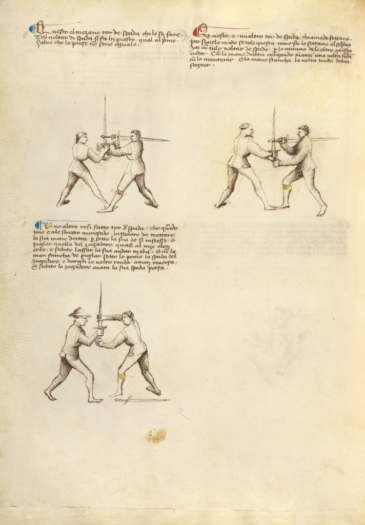 Combat with Sword; Fiore Furlan dei Liberi da Premariacco (Italian, about 1340/1350 - before 1450); about 1410; Tempera colors, gold leaf, silver leaf, and ink on parchment; Leaf: 27.9 × 20.6 cm (11 × 8 1/8 in.); Ms. Ludwig XV 13 (83.MR.183), fol. 30v; Rights Statement: No Copyright - United States Combat with Sword; Fiore Furlan dei Liberi da Premariacco (Italian, about 1340/1350 - before 1450); about 1410; Tempera colors, gold leaf, silver leaf, and ink on parchment; Leaf: 27.9 × 20.6 cm (11 × 8 1/8 in.); Ms. Ludwig XV 13 (83.MR.183), fol. 30v; Rights Statement: No Copyright - United States