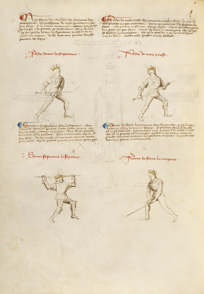 Combat with Sword; Fiore Furlan dei Liberi da Premariacco (Italian, about 1340/1350 - before 1450); about 1410; Tempera colors, gold leaf, silver leaf, and ink on parchment; Leaf: 27.9 × 20.6 cm (11 × 8 1/8 in.); Ms. Ludwig XV 13 (83.MR.183), fol. 32v; Rights Statement: No Copyright - United States Combat with Sword; Fiore Furlan dei Liberi da Premariacco (Italian, about 1340/1350 - before 1450); about 1410; Tempera colors, gold leaf, silver leaf, and ink on parchment; Leaf: 27.9 × 20.6 cm (11 × 8 1/8 in.); Ms. Ludwig XV 13 (83.MR.183), fol. 32v; Rights Statement: No Copyright - United States