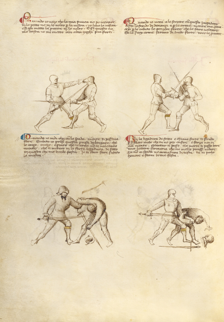 Combat with Sword; Fiore Furlan dei Liberi da Premariacco (Italian, about 1340/1350 - before 1450); about 1410; Tempera colors, gold leaf, silver leaf, and ink on parchment; Leaf: 27.9 × 20.6 cm (11 × 8 1/8 in.); Ms. Ludwig XV 13 (83.MR.183), fol. 33v; Rights Statement: No Copyright - United States Combat with Sword; Fiore Furlan dei Liberi da Premariacco (Italian, about 1340/1350 - before 1450); about 1410; Tempera colors, gold leaf, silver leaf, and ink on parchment; Leaf: 27.9 × 20.6 cm (11 × 8 1/8 in.); Ms. Ludwig XV 13 (83.MR.183), fol. 33v; Rights Statement: No Copyright - United States